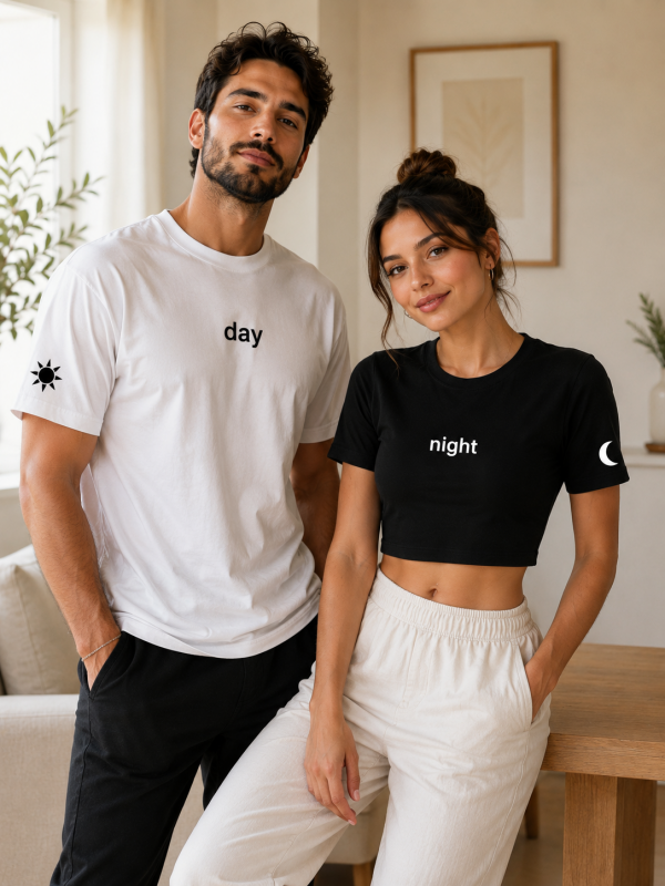 Day & Night Baskılı Sevgili Kombini – Erkek Tişört ve Kadın Crop