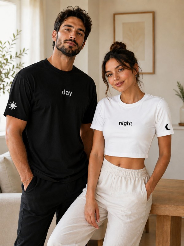 Day & Night Baskılı Sevgili Kombini – Erkek Tişört ve Kadın Crop