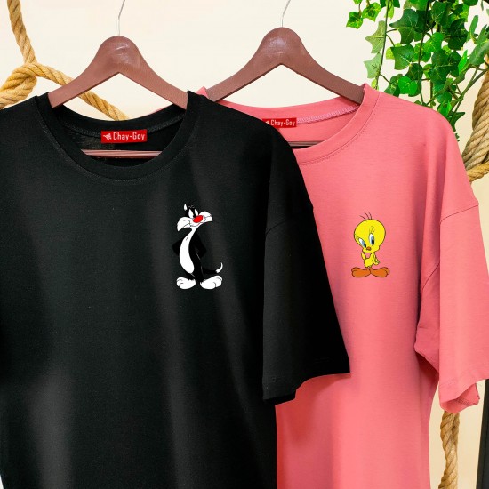 2 Adet Çizgifilm Tasarımlı Tshirt - Oversize 2 Adet Çizgifilm Tasarımlı Tshirt - Oversize