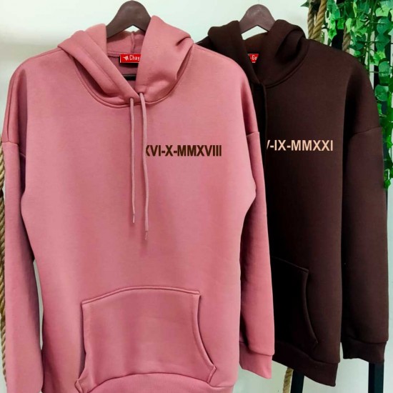 2 Adet Romen Rakamlı Tarih Tasarımlı İçi Polar Kapşonlu Sweatshirt 